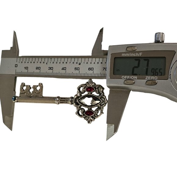 1928 Brand Red Blue Rhinestone Silver Tone Key Brooch Pin L259 - Picture 9 of 10